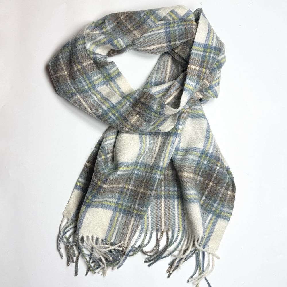 HH 100% Lambswool Muted Blue Yellow Gray Dress Stewart Plaid Scarf W2062